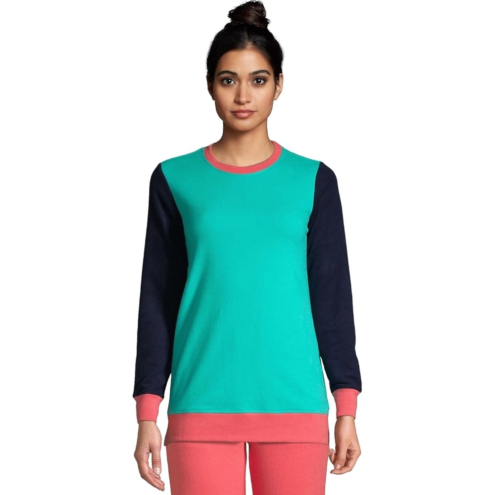 LANDS' END Women's Seafoam Teal Pink Colorblock Sweatshirt Size Small Petite NWT